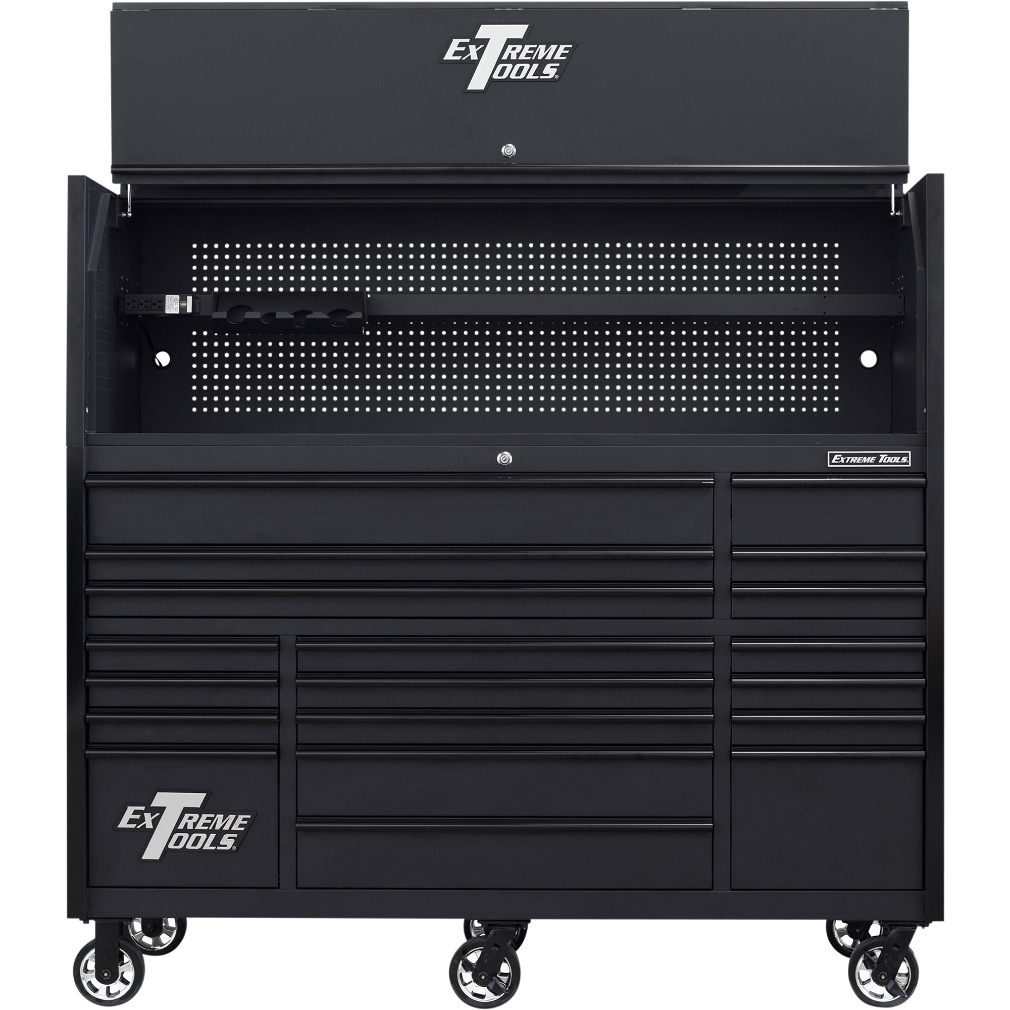 Extreme Tools Professional Hutch and 19-Drawer Roller Cabinet Combo - 72in.W, Black, 150-Lb. Slides, 12-Ga. Steel, Model# RX7220HRMK
